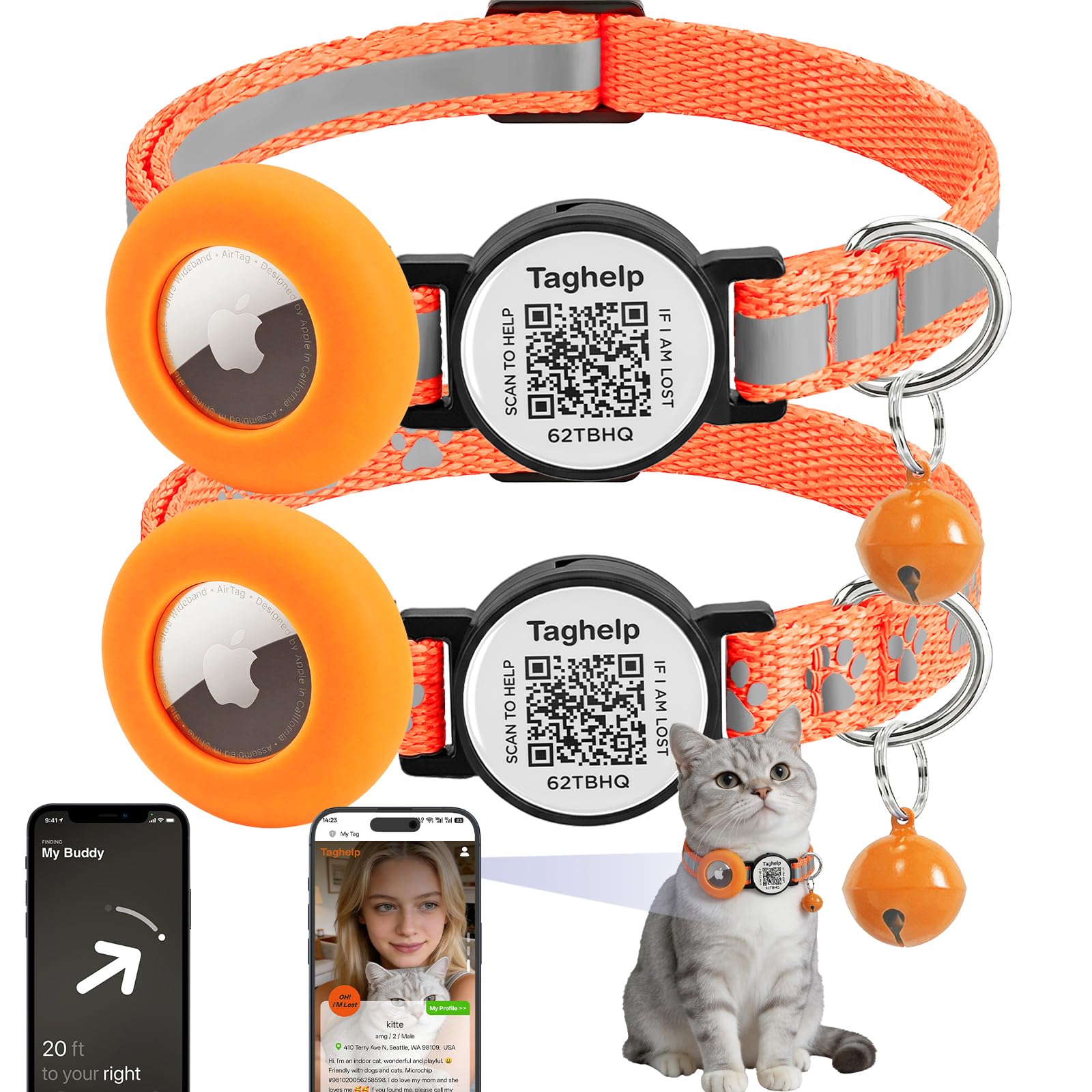 2-Pack AirTag Cat Collar with QR Tag