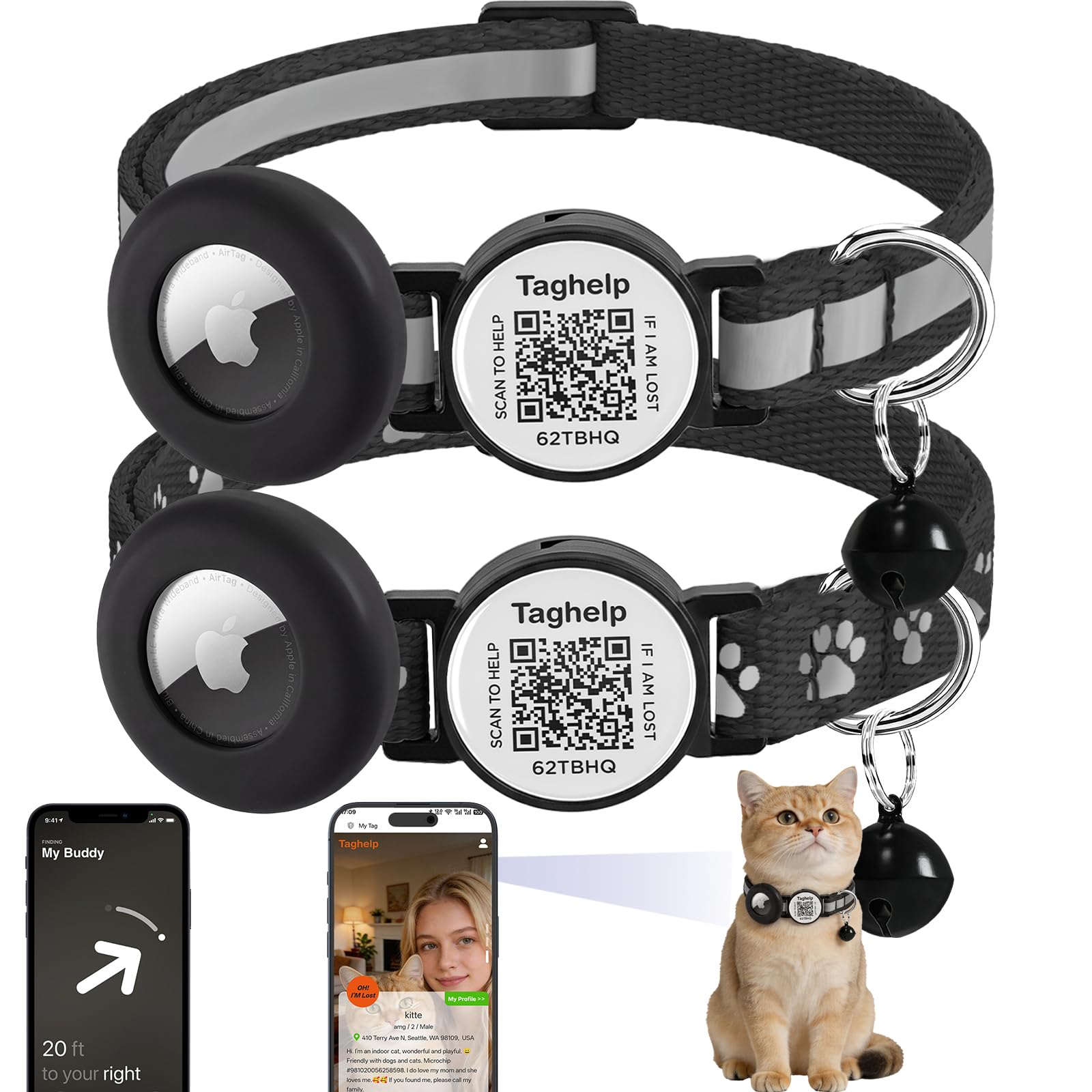 2-Pack AirTag Cat Collar with QR Tag