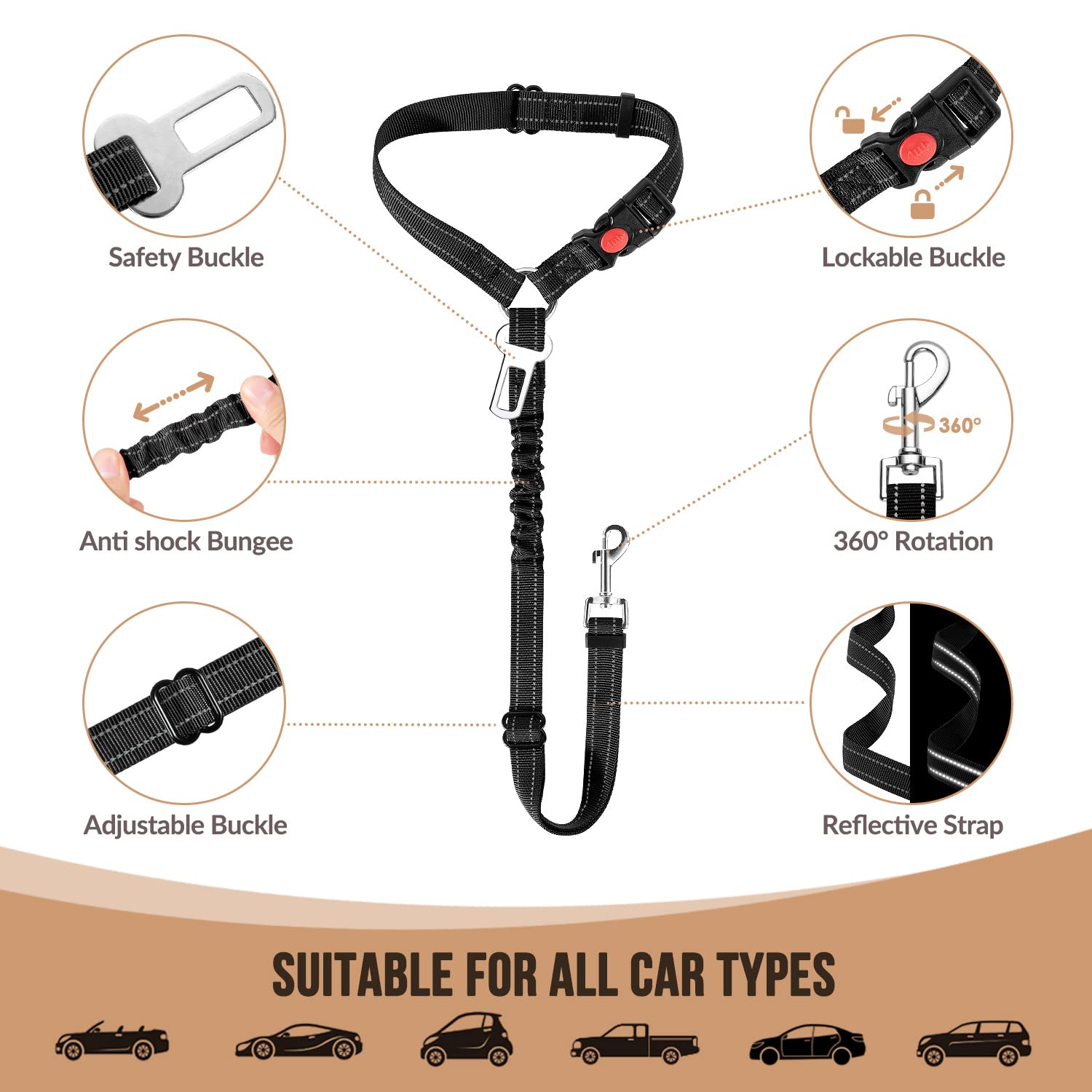 2-Pack Adjustable Dog Car Seat Belt with Bungee