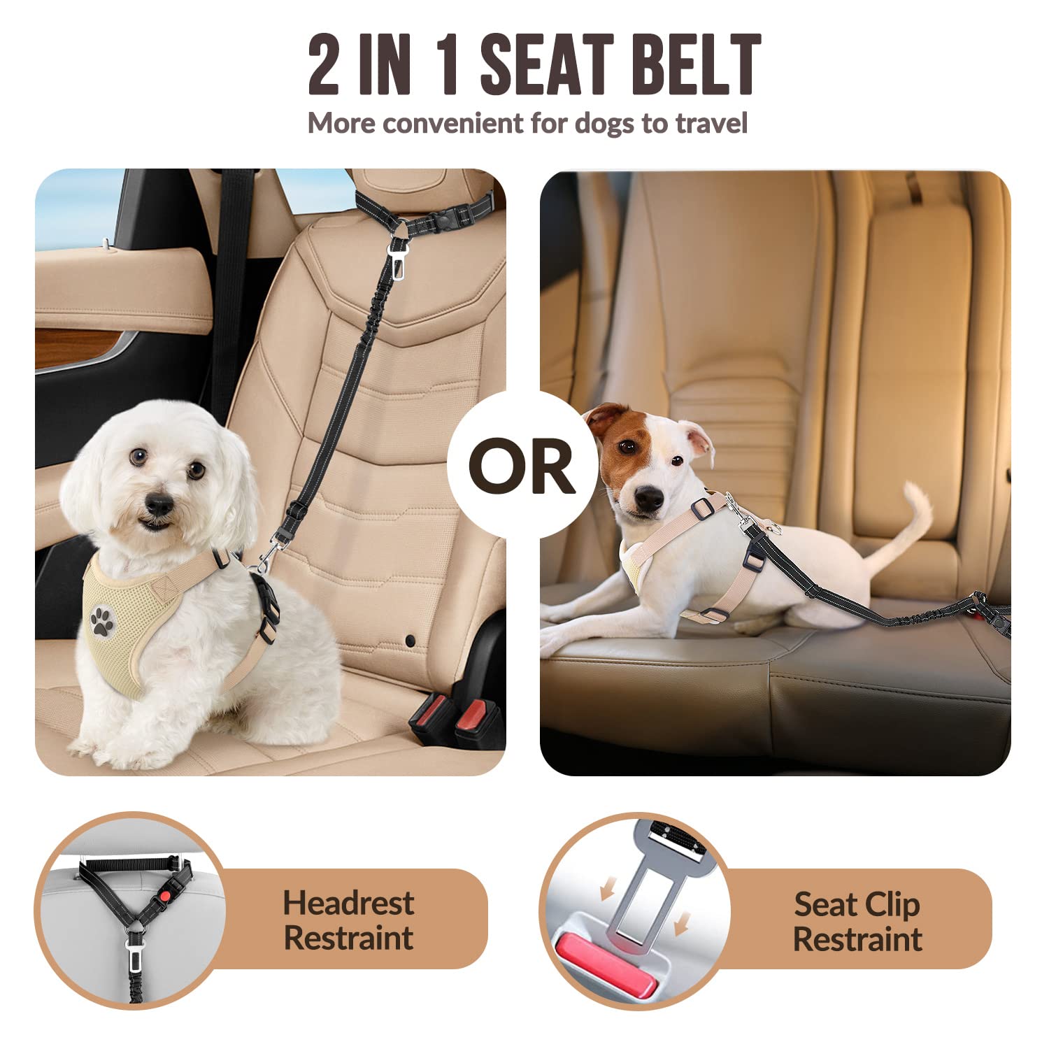 2-Pack Adjustable Dog Car Seat Belt with Bungee