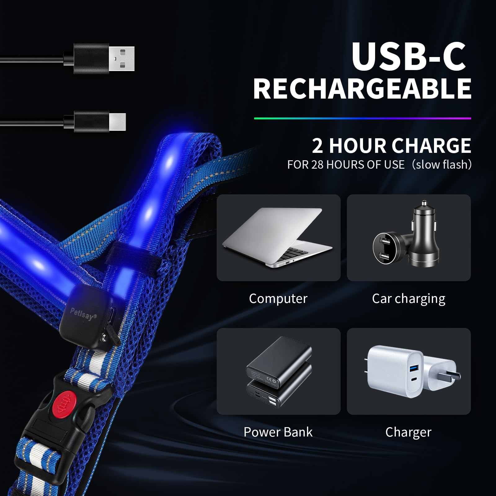 Rechargeable LED Reflective Dog Harness