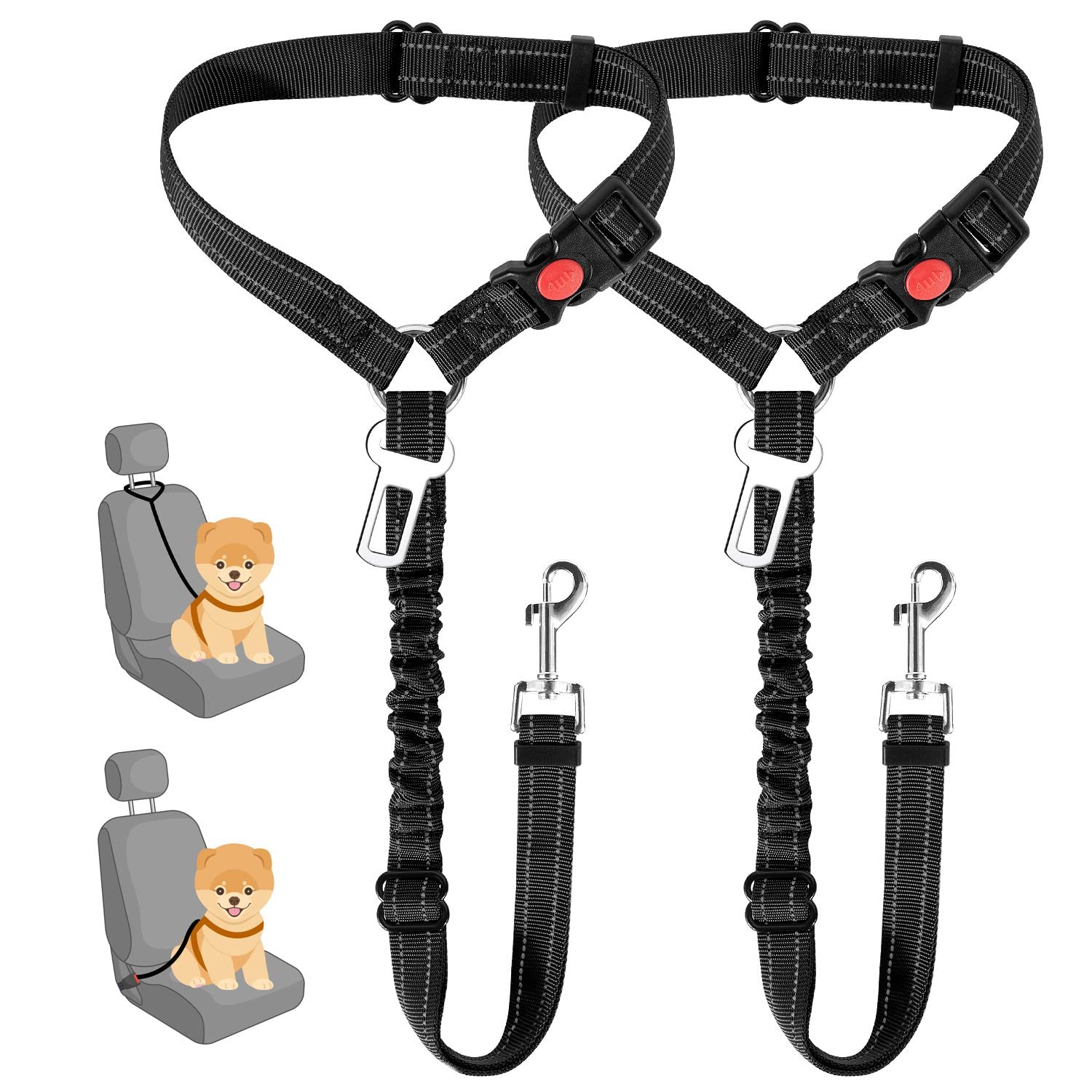 2-Pack Adjustable Dog Car Seat Belt with Bungee