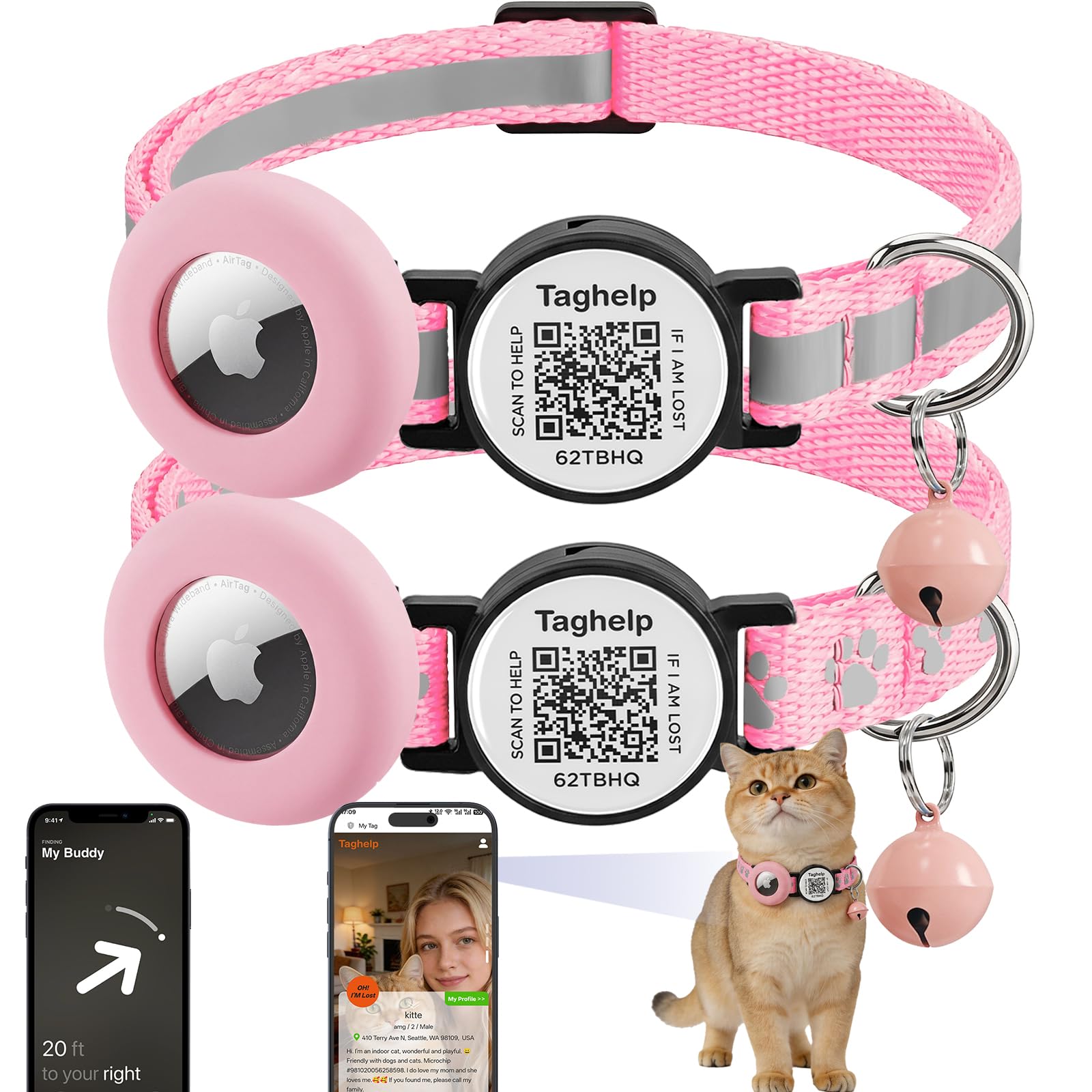 2-Pack AirTag Cat Collar with QR Tag