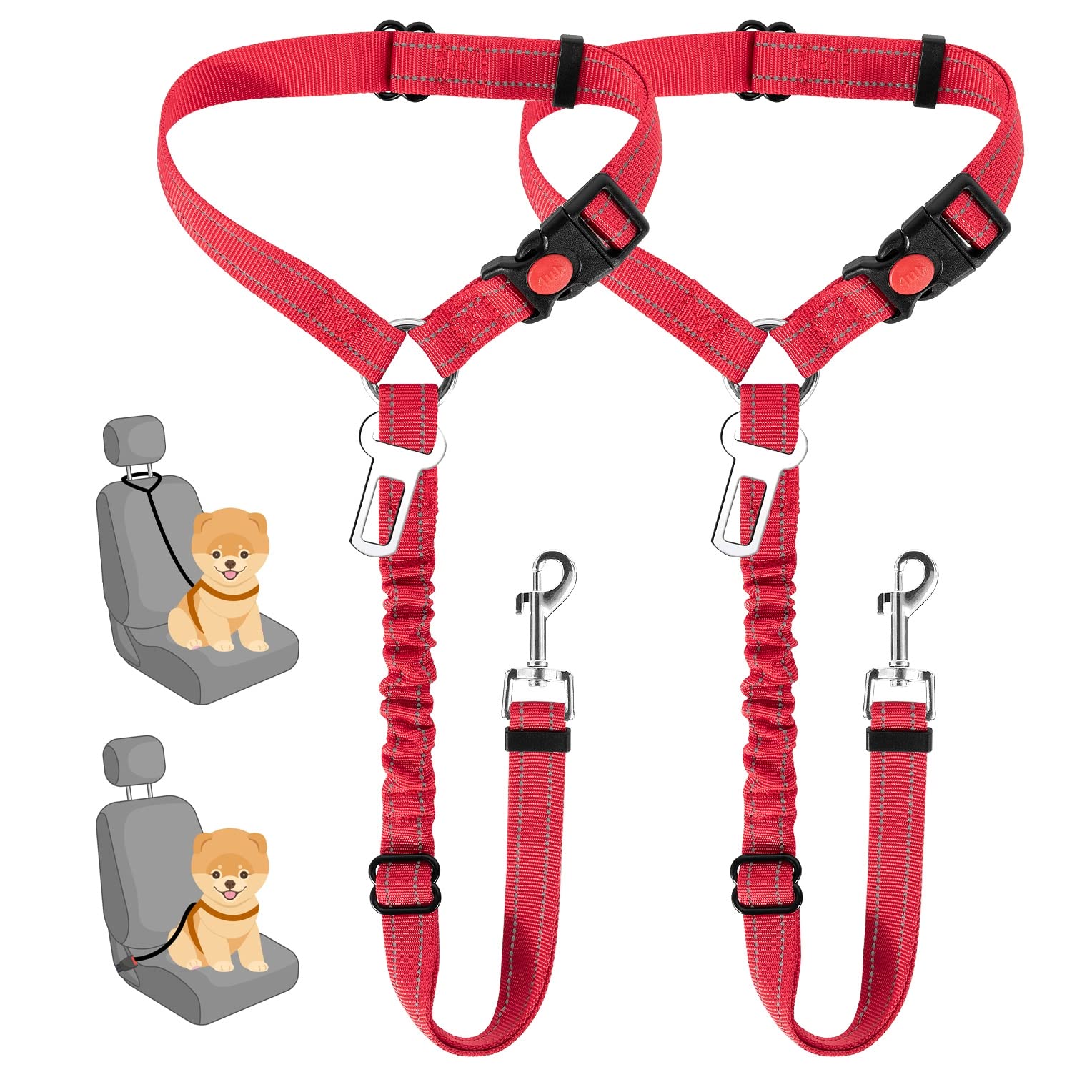 2-Pack Adjustable Dog Car Seat Belt with Bungee