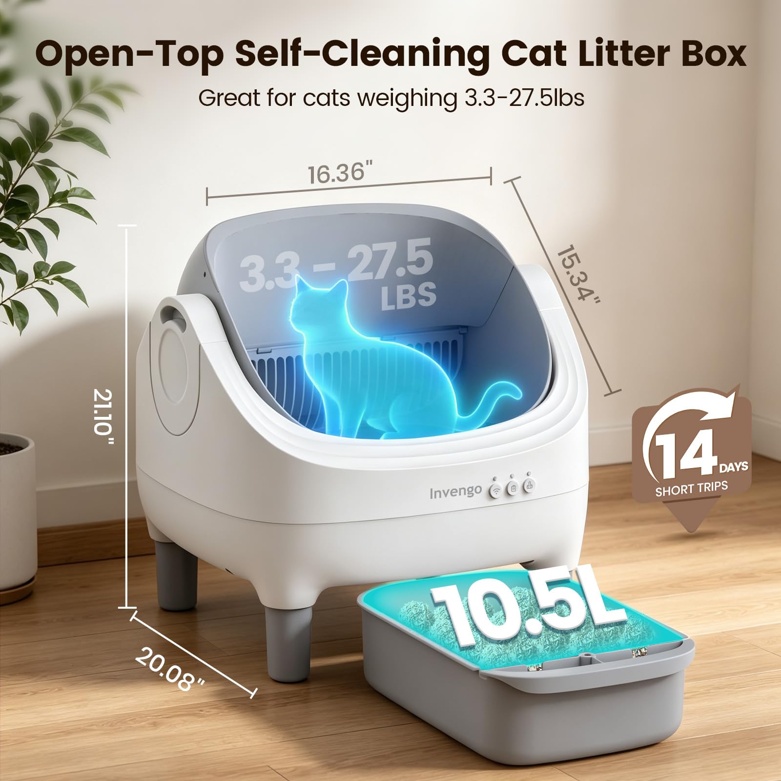 Open-Top Self-Cleaning Cat Litter Box with App Control