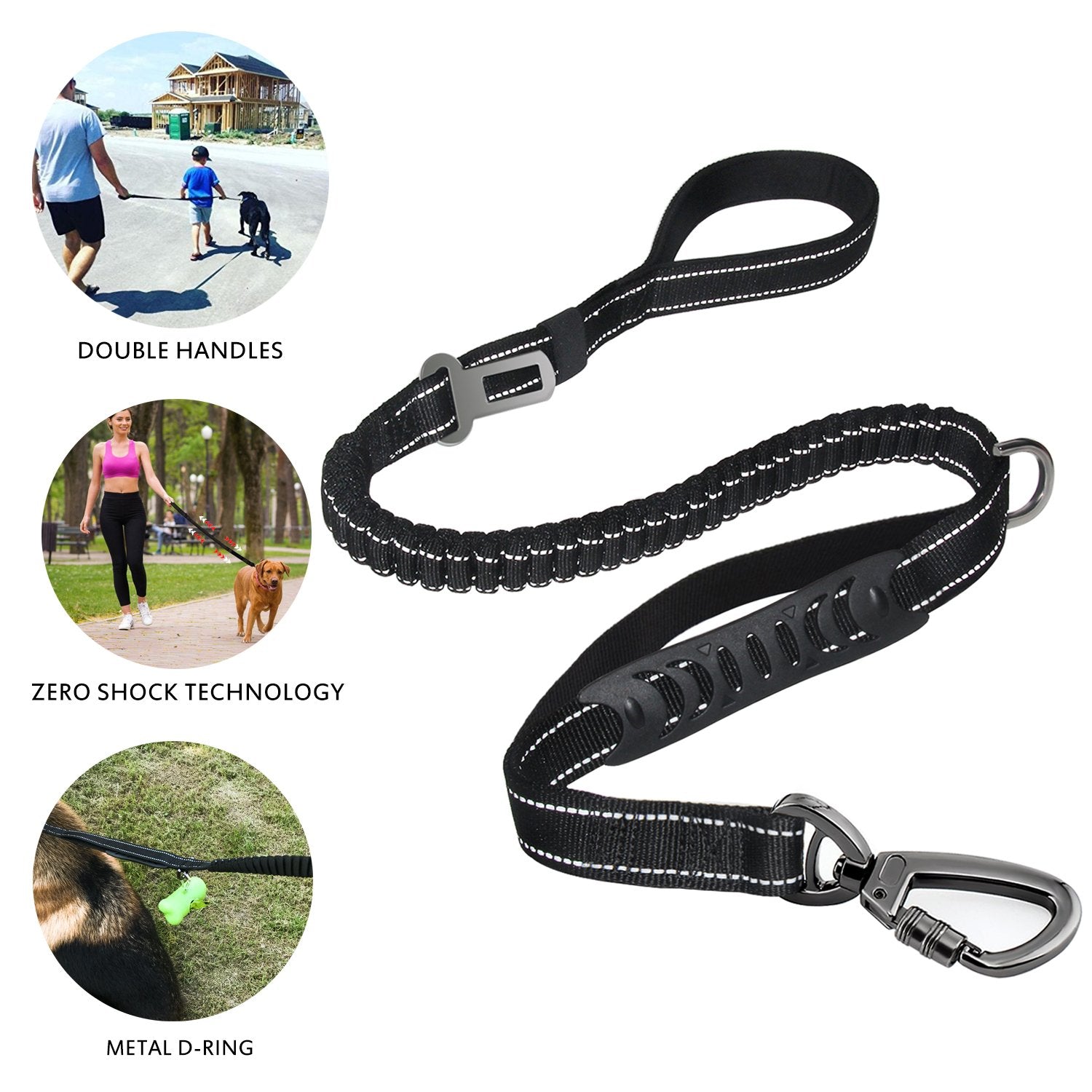 Shock Absorbing Dog Leash with Seat Belt Buckle
