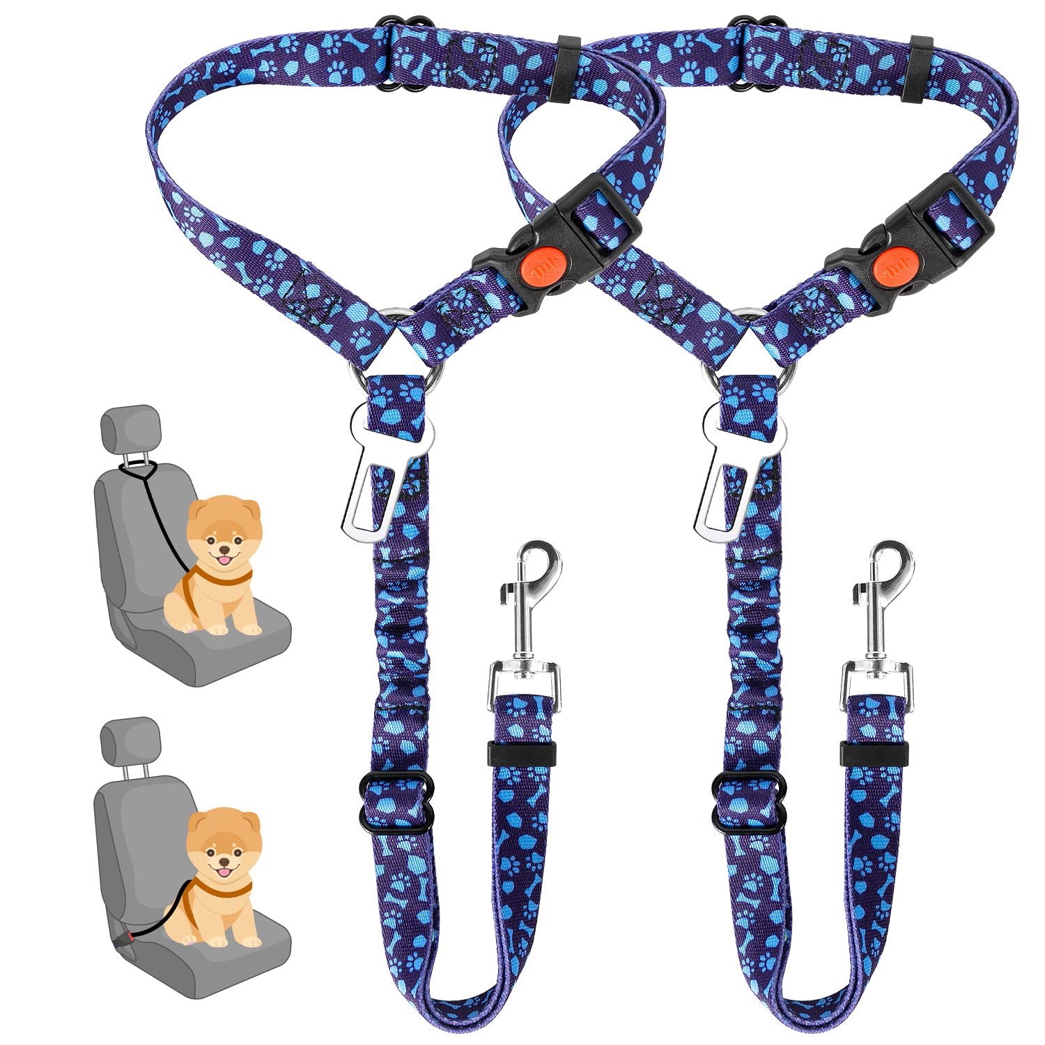 2-Pack Adjustable Dog Car Seat Belt with Bungee