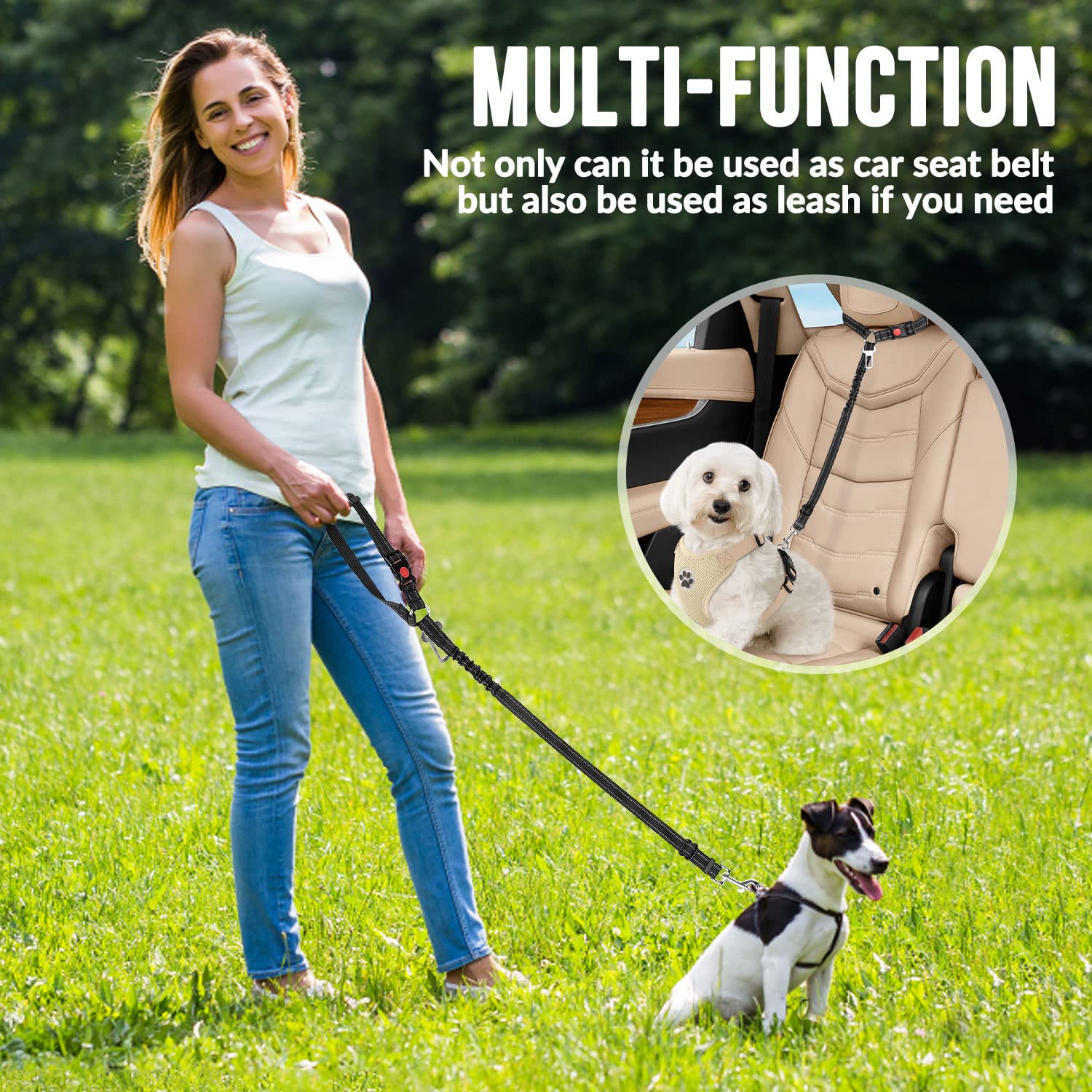 2-Pack Adjustable Dog Car Seat Belt with Bungee